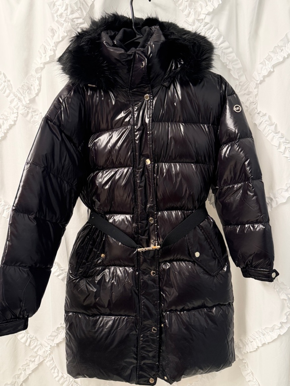 Michael Kors Black Gloss Quilted Puffer Coat with Fur-Trim Hood